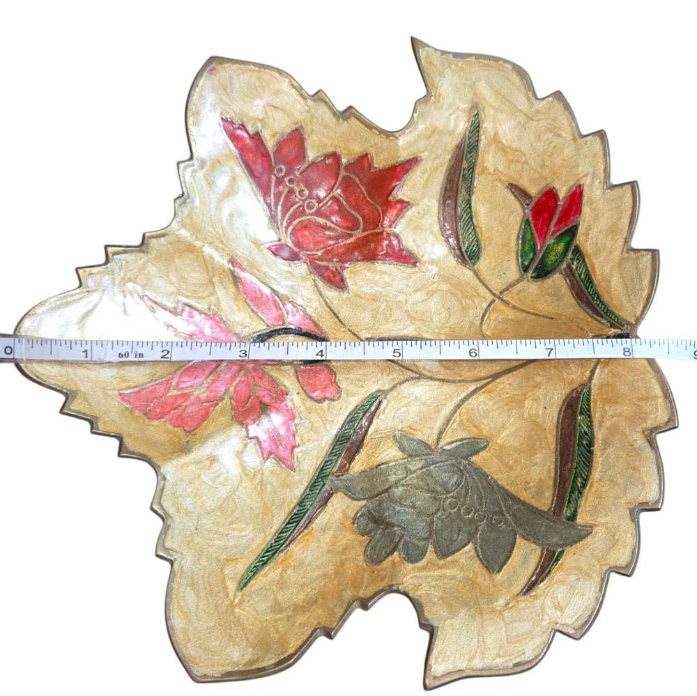 Vintage India‎ Made Floral Enamel On Brass Leaf Shaped Bowl Dish 8.5